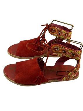 Sam Edelman Red Beaded Ankle Tie Sandals Shoes size 8